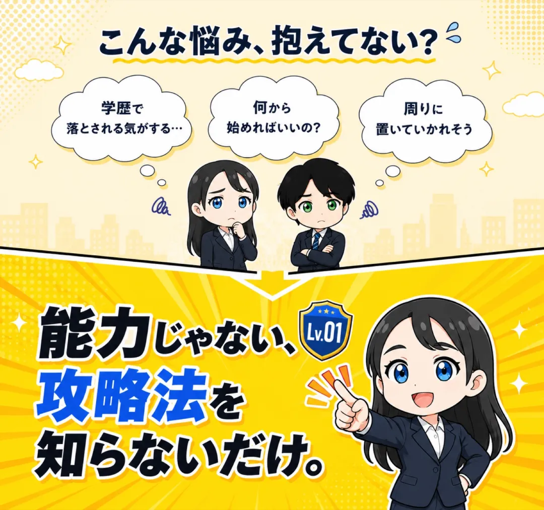 共感パート：「学歴で落とされる気がする」「何から始めればいいの？」「周りに置いていかれそう」という3つの悩みを抱えるちびキャラと、それに対する「能力じゃない、攻略法を知らないだけ。」というピボットメッセージ